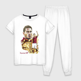 Женская пижама хлопок с принтом Francesco Totti Roma в Белгороде, 100% хлопок | брюки и футболка прямого кроя, без карманов, на брюках мягкая резинка на поясе и по низу штанин | football | legend | lion | roma | totti | италия | лев | легенда | тотти | футбол