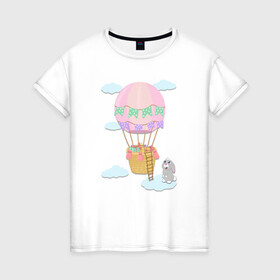 Женская футболка хлопок с принтом кролик и воздушный шар в Белгороде, 100% хлопок | прямой крой, круглый вырез горловины, длина до линии бедер, слегка спущенное плечо | воздушный шар | детская иллюстрация | зайчик | зеленый | коробка | кролик | небо | облако | подарки | розовый | сюрприз