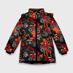 Зимняя куртка для девочек 3D с принтом MONSTER TRUCK RED в Белгороде, ткань верха — 100% полиэстер; подклад — 100% полиэстер, утеплитель — 100% полиэстер. | длина ниже бедра, удлиненная спинка, воротник стойка и отстегивающийся капюшон. Есть боковые карманы с листочкой на кнопках, утяжки по низу изделия и внутренний карман на молнии. 

Предусмотрены светоотражающий принт на спинке, радужный светоотражающий элемент на пуллере молнии и на резинке для утяжки. | Тематика изображения на принте: 4x4 | hummer | monster | truck | гонка | гонщик | грузовики | джип | джипы | кольцевые гонки | хаммер