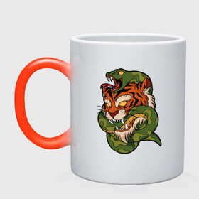 Кружка хамелеон с принтом Тигр кусает змею в Белгороде, керамика | меняет цвет при нагревании, емкость 330 мл | Тематика изображения на принте: битва | змея | кобра | тигр | хищники | яд
