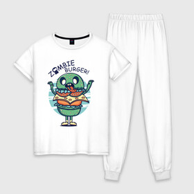 Женская пижама хлопок с принтом Zombie Burger! в Белгороде, 100% хлопок | брюки и футболка прямого кроя, без карманов, на брюках мягкая резинка на поясе и по низу штанин | бургер | вредная еда | гамбургер | зомби | иллюстрация