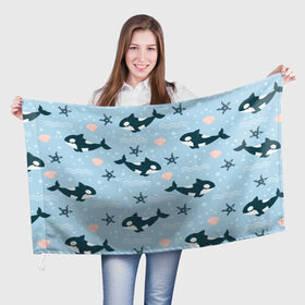 Флаг 3D с принтом Косатки киты в Белгороде, 100% полиэстер | плотность ткани — 95 г/м2, размер — 67 х 109 см. Принт наносится с одной стороны | whale | касатка | кит | киты | косатка | косатки | морские | паттерн