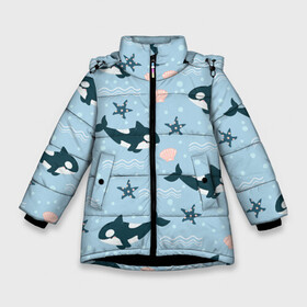 Зимняя куртка для девочек 3D с принтом Косатки киты в Белгороде, ткань верха — 100% полиэстер; подклад — 100% полиэстер, утеплитель — 100% полиэстер. | длина ниже бедра, удлиненная спинка, воротник стойка и отстегивающийся капюшон. Есть боковые карманы с листочкой на кнопках, утяжки по низу изделия и внутренний карман на молнии. 

Предусмотрены светоотражающий принт на спинке, радужный светоотражающий элемент на пуллере молнии и на резинке для утяжки. | whale | касатка | кит | киты | косатка | косатки | морские | паттерн