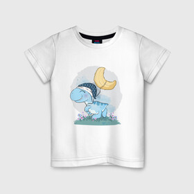 Детская футболка хлопок с принтом Динозаврик  в Белгороде, 100% хлопок | круглый вырез горловины, полуприлегающий силуэт, длина до линии бедер | динозаврик | лужайка | луна | ночная шапочка | ночник | ночь | сон | цветы