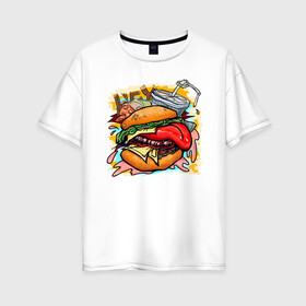 Женская футболка хлопок Oversize с принтом Hey, Burger!  в Белгороде, 100% хлопок | свободный крой, круглый ворот, спущенный рукав, длина до линии бедер
 | burger | вредная еда | гамбургер | иллюстрация | напиток