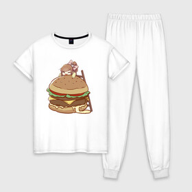 Женская пижама хлопок с принтом Anime Burger в Белгороде, 100% хлопок | брюки и футболка прямого кроя, без карманов, на брюках мягкая резинка на поясе и по низу штанин | аниме | бургер | гамбургер | девушка | иллюстрация