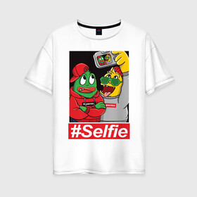 Женская футболка хлопок Oversize с принтом #Selfie в Белгороде, 100% хлопок | свободный крой, круглый ворот, спущенный рукав, длина до линии бедер
 | иллюстрация | крутой | монстры | селфи | фотография