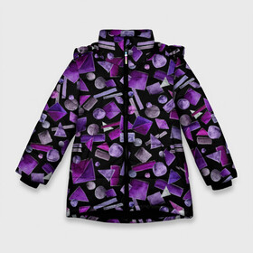 Зимняя куртка для девочек 3D с принтом Геометрический фиолетовый в Белгороде, ткань верха — 100% полиэстер; подклад — 100% полиэстер, утеплитель — 100% полиэстер. | длина ниже бедра, удлиненная спинка, воротник стойка и отстегивающийся капюшон. Есть боковые карманы с листочкой на кнопках, утяжки по низу изделия и внутренний карман на молнии. 

Предусмотрены светоотражающий принт на спинке, радужный светоотражающий элемент на пуллере молнии и на резинке для утяжки. | abstraction | black | dark | geometric | violet | абстракция | геометрический | геометрия | квадрат | круг | линии | темный | треугольник | фиолетовый | черный