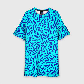 Детское платье 3D с принтом Неоновые синие узоры в Белгороде, 100% полиэстер | прямой силуэт, чуть расширенный к низу. Круглая горловина, на рукавах — воланы | Тематика изображения на принте: abstract | blue | neon | sea | абстракционизм | абстракция | африканские | вода | волны | голубые узоры | камуфляж | лагуна | линии | мелкий узор | мемфис | море | морское | неоновый | орнамент | пятна | пятнистый