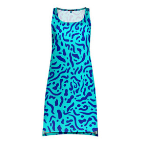 Платье-майка 3D с принтом Неоновые синие узоры в Белгороде, 100% полиэстер | полуприлегающий силуэт, широкие бретели, круглый вырез горловины, удлиненный подол сзади. | abstract | blue | neon | sea | абстракционизм | абстракция | африканские | вода | волны | голубые узоры | камуфляж | лагуна | линии | мелкий узор | мемфис | море | морское | неоновый | орнамент | пятна | пятнистый