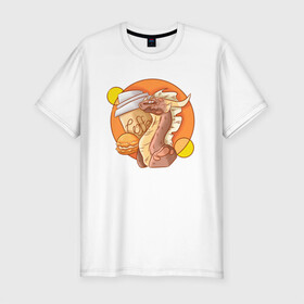 Мужская футболка хлопок Slim с принтом Кофейный дракон в Белгороде, 92% хлопок, 8% лайкра | приталенный силуэт, круглый вырез ворота, длина до линии бедра, короткий рукав | дракон | дракон с кофе | коричневый | кофе | оранжевый