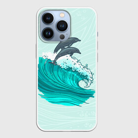 Чехол для iPhone 13 Pro с принтом Два дельфина в Белгороде,  |  | Тематика изображения на принте: dolphin | волна | два дельфина | дельфин | дельфины | море | морские | на голубом | с дельфином