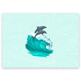 Поздравительная открытка с принтом Два дельфина в Белгороде, 100% бумага | плотность бумаги 280 г/м2, матовая, на обратной стороне линовка и место для марки
 | dolphin | волна | два дельфина | дельфин | дельфины | море | морские | на голубом | с дельфином