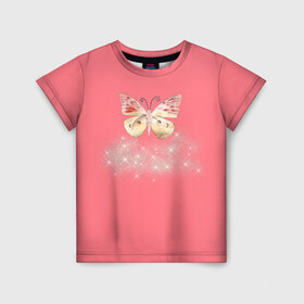Детская футболка 3D с принтом Блестящая бабочка в Белгороде, 100% гипоаллергенный полиэфир | прямой крой, круглый вырез горловины, длина до линии бедер, чуть спущенное плечо, ткань немного тянется | insects | pink girls | бабочка | блёстки | опыление | пыльца | розовое