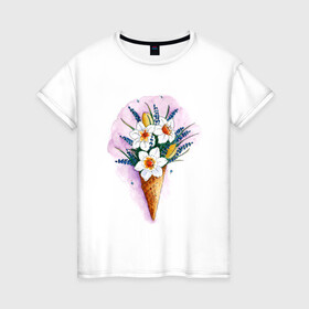 Женская футболка хлопок с принтом Цветы в Белгороде, 100% хлопок | прямой крой, круглый вырез горловины, длина до линии бедер, слегка спущенное плечо | акварель | весна | красивые картинки | лето | мороженое | нарциссы | тренд | цветы