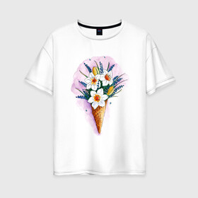 Женская футболка хлопок Oversize с принтом Цветы в Белгороде, 100% хлопок | свободный крой, круглый ворот, спущенный рукав, длина до линии бедер
 | акварель | весна | красивые картинки | лето | мороженое | нарциссы | тренд | цветы