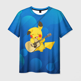 Мужская футболка 3D с принтом Пикачу с гитарой в Белгороде, 100% полиэфир | прямой крой, круглый вырез горловины, длина до линии бедер | Тематика изображения на принте: anime | picachu | pikachu | аниме | милый | пика | пикачу | покебол | покемон