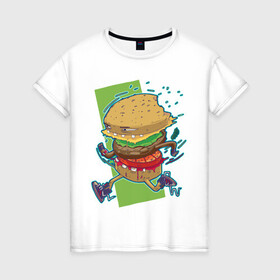Женская футболка хлопок с принтом Fast Food в Белгороде, 100% хлопок | прямой крой, круглый вырез горловины, длина до линии бедер, слегка спущенное плечо | art | burger | cheese | cutlet | fast food | food | hamburger | salad | sandwich | арт | бургер | бутерброд | гамбургер | еда | котлета | салат | сыр | фаст фуд