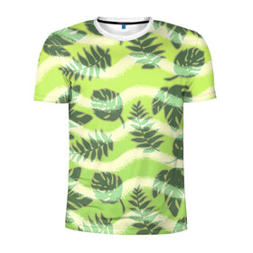 Мужская футболка 3D спортивная с принтом Тропический фон в Белгороде, 100% полиэстер с улучшенными характеристиками | приталенный силуэт, круглая горловина, широкие плечи, сужается к линии бедра | джунгли | зелень | листья | тропики | туристические