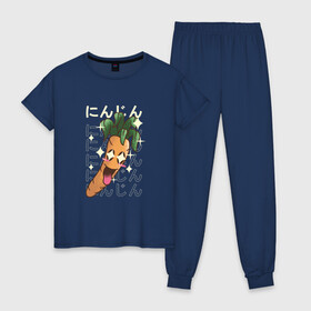 Женская пижама хлопок с принтом Японская кавайная морковка в Белгороде, 100% хлопок | брюки и футболка прямого кроя, без карманов, на брюках мягкая резинка на поясе и по низу штанин | anime | art | carrot | carrots | cute | fashion | japan | japanese | kanji | kawaii | manga | vegan | vegetables | алфавит | аниме | арт | в японском стиле | веган | кандзи | манга | милота | морковь | овощ | овощи | смех | японские буквы | япо