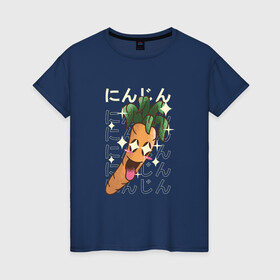 Женская футболка хлопок с принтом Японская кавайная морковка в Белгороде, 100% хлопок | прямой крой, круглый вырез горловины, длина до линии бедер, слегка спущенное плечо | anime | art | carrot | carrots | cute | fashion | japan | japanese | kanji | kawaii | manga | vegan | vegetables | алфавит | аниме | арт | в японском стиле | веган | кандзи | манга | милота | морковь | овощ | овощи | смех | японские буквы | япо