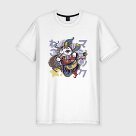 Мужская футболка хлопок Slim с принтом Аниме кот Арлекин в Белгороде, 92% хлопок, 8% лайкра | приталенный силуэт, круглый вырез ворота, длина до линии бедра, короткий рукав | Тематика изображения на принте: anime | art | cat | clown | cute | folklore | harlequin | japan | japanese | kanji | kawaii | kitten | kitty | manga | арт | в японском стиле | кандзи | клоун | котёнок | манга | милота | средневековый кот | фольклор | шут | японские буквы | яп