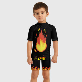 Детский купальный костюм 3D с принтом FIRE в Белгороде, Полиэстер 85%, Спандекс 15% | застежка на молнии на спине | Тематика изображения на принте: fire | pixel art | арт | огонь | пиксель
