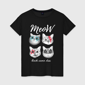 Женская футболка хлопок с принтом РОК КОТЫ в Белгороде, 100% хлопок | прямой крой, круглый вырез горловины, длина до линии бедер, слегка спущенное плечо | and | cat | cats | cute | funny | heavy | kitten | kitty | meow | metal | music | n | pet | rock | roll | star | кот | котик | коты | кошка | кошки | крутой | музыка | рок