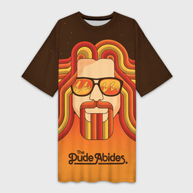 Платье-футболка 3D с принтом The Dude Abides в Белгороде,  |  | dude | jeff bridges | the big lebowski | the dude abides | большой лебовский | боулинг | джефф бриджес | звезды | кегли | космос | фильм | чувак