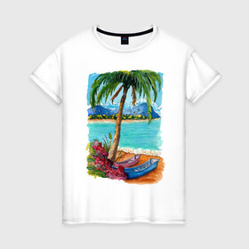 Женская футболка хлопок с принтом Лето в Белгороде, 100% хлопок | прямой крой, круглый вырез горловины, длина до линии бедер, слегка спущенное плечо | акварель | горы | красивые картинки | лето | лодка | море | пальмы | пляж