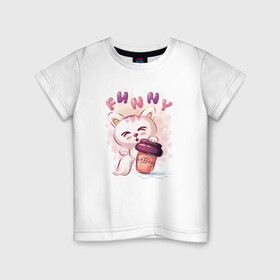 Детская футболка хлопок с принтом Котик с кофе в Белгороде, 100% хлопок | круглый вырез горловины, полуприлегающий силуэт, длина до линии бедер | cat | coffee | cute | kitten | kitty | кот | котенок | котик | кофе | милый