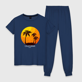 Женская пижама хлопок с принтом Лето, пальмы, Калифорния в Белгороде, 100% хлопок | брюки и футболка прямого кроя, без карманов, на брюках мягкая резинка на поясе и по низу штанин | beach | california | club | palm | party | sea | summer | tropical | вечеринка | волны | жара | калифорния | летние | лето | море | пальмы | пляж | тропический