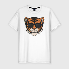 Мужская футболка хлопок Slim с принтом Блейз в очках в Белгороде, 92% хлопок, 8% лайкра | приталенный силуэт, круглый вырез ворота, длина до линии бедра, короткий рукав | Тематика изображения на принте: tiger | блейз | большая кошка | дикая кошка | иллюстрация | стикер