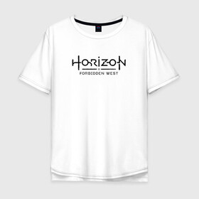 Мужская футболка хлопок Oversize с принтом Horizon Forbidden West в Белгороде, 100% хлопок | свободный крой, круглый ворот, “спинка” длиннее передней части | Тематика изображения на принте: aloy | dawn | forbidden | horizon | west | zero | вест | нора | племя | форбидден | хорайзен | хоризон | элой