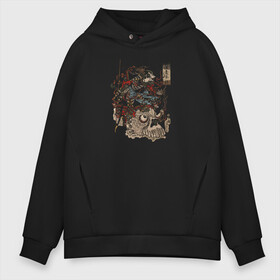 Мужское худи Oversize хлопок с принтом Warrior on Skull в Белгороде, френч-терри — 70% хлопок, 30% полиэстер. Мягкий теплый начес внутри —100% хлопок | боковые карманы, эластичные манжеты и нижняя кромка, капюшон на магнитной кнопке | Тематика изображения на принте: samurai | войн | иероглифы | монстр | ниндзя | рыцарь | самурай | скелет | череп | япония