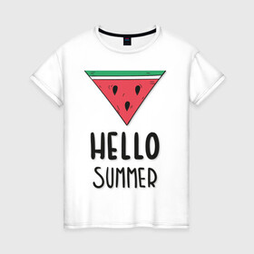 Женская футболка хлопок с принтом HELLO SUMMER в Белгороде, 100% хлопок | прямой крой, круглый вырез горловины, длина до линии бедер, слегка спущенное плечо | funny | happy | hello | icecream | rainbow | romantic | summer | sun | арбуз | веселье | значки | лето | отдых | отпуск | привет | романтика | солнце | счастье | тепло