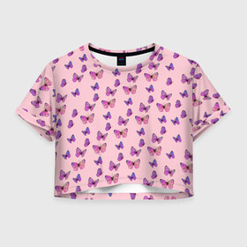 Женская футболка Crop-top 3D с принтом Бабочки фиолетовые 2 в Белгороде, 100% полиэстер | круглая горловина, длина футболки до линии талии, рукава с отворотами | Тематика изображения на принте: бабочка | бабочки | насекомые | нежный | рисунок | роза | сирень | цветочек | цветочный | цветы