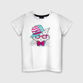 Детская футболка хлопок с принтом Cool Cat в Белгороде, 100% хлопок | круглый вырез горловины, полуприлегающий силуэт, длина до линии бедер | белый кот | иллюстрация | киска | котик | сats