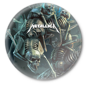 Значок с принтом Metallica Metal Skull в Белгороде,  металл | круглая форма, металлическая застежка в виде булавки | american | james hetfield | kirk hammett | metal band | metallica | music | mystic | rock | американская | джеймс хетфилд | металлика | музыка | рок | скилет | череп