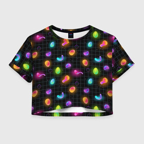 Женская футболка Crop-top 3D с принтом Ночные фонарики-светлячки в Белгороде, 100% полиэстер | круглая горловина, длина футболки до линии талии, рукава с отворотами | абстракция | неон | ночь | паттерн | свет | светлячки | текстуры | узоры | чипсы
