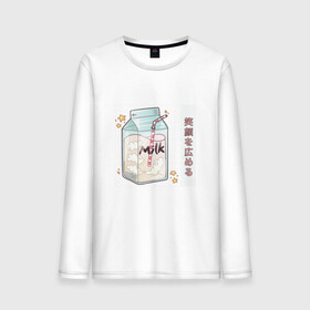 Мужской лонгслив хлопок с принтом Японское кавайное молоко в Белгороде, 100% хлопок |  | anime | art | carton | cocktail | cute | food | japan | japanese | kanji | kawaii | manga | milk | алфавит | аниме | арт | в японском стиле | звёзды | кандзи | картон | манга | милота | молочный коктейль | облака | стиль токио | японские буквы 