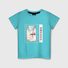 Детская футболка хлопок с принтом Японское кавайное молоко в Белгороде, 100% хлопок | круглый вырез горловины, полуприлегающий силуэт, длина до линии бедер | anime | art | carton | cocktail | cute | food | japan | japanese | kanji | kawaii | manga | milk | алфавит | аниме | арт | в японском стиле | звёзды | кандзи | картон | манга | милота | молочный коктейль | облака | стиль токио | японские буквы 
