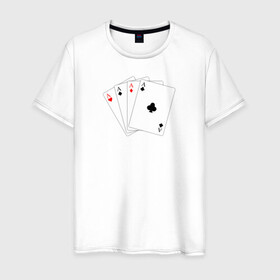 Мужская футболка хлопок с принтом Четыре карты в Белгороде, 100% хлопок | прямой крой, круглый вырез горловины, длина до линии бедер, слегка спущенное плечо. | Тематика изображения на принте: буби | игральные карты | иллюстрация | каре | туз | черви