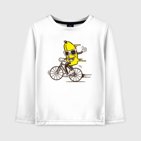 Детский лонгслив хлопок с принтом Банан на велосипеде в Белгороде, 100% хлопок | круглый вырез горловины, полуприлегающий силуэт, длина до линии бедер | байк | банан | бананчик | велик | велосипед | живой банан | спорт