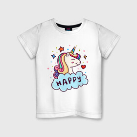 Детская футболка хлопок с принтом Счастливый единорог в Белгороде, 100% хлопок | круглый вырез горловины, полуприлегающий силуэт, длина до линии бедер | cute | funny | pony | rainbow | unicorn | единорог | единорожка | милый | пони | радуга | счастливый