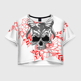 Женская футболка Crop-top 3D с принтом Череп с рогами в Белгороде, 100% полиэстер | круглая горловина, длина футболки до линии талии, рукава с отворотами | рога | розы | сатана | цветы | череп | черепок
