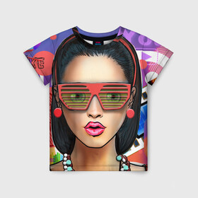 Детская футболка 3D с принтом СтильНая Девушка в Белгороде, 100% гипоаллергенный полиэфир | прямой крой, круглый вырез горловины, длина до линии бедер, чуть спущенное плечо, ткань немного тянется | губы | девушка | очки значки | социальные сети | стиль | стильная девушка