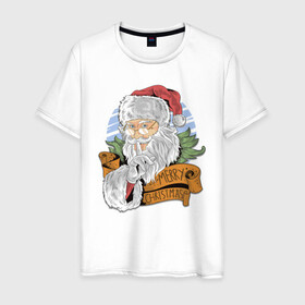 Мужская футболка хлопок с принтом Merry Christmas в Белгороде, 100% хлопок | прямой крой, круглый вырез горловины, длина до линии бедер, слегка спущенное плечо. | cанта | дед мороз | иллюстрация | рождество | сочельник