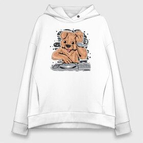 Женское худи Oversize хлопок с принтом DJ Bear в Белгороде, френч-терри — 70% хлопок, 30% полиэстер. Мягкий теплый начес внутри —100% хлопок | боковые карманы, эластичные манжеты и нижняя кромка, капюшон на магнитной кнопке | beer | вечеринка | диджей | животные | иллюстрация