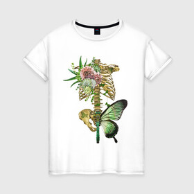 Женская футболка хлопок с принтом Внутренний мир в Белгороде, 100% хлопок | прямой крой, круглый вырез горловины, длина до линии бедер, слегка спущенное плечо | art | бабочка | иллюстрация | скелет | цветы